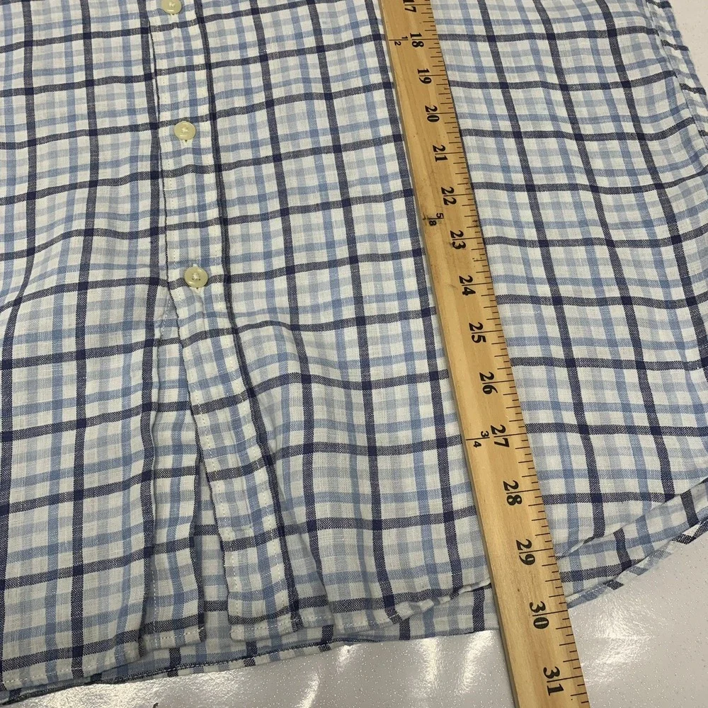 J Crew  Plaid Blue Irish Linen Button Up  Shirt Men  XL  Long Sleeve Travel Work